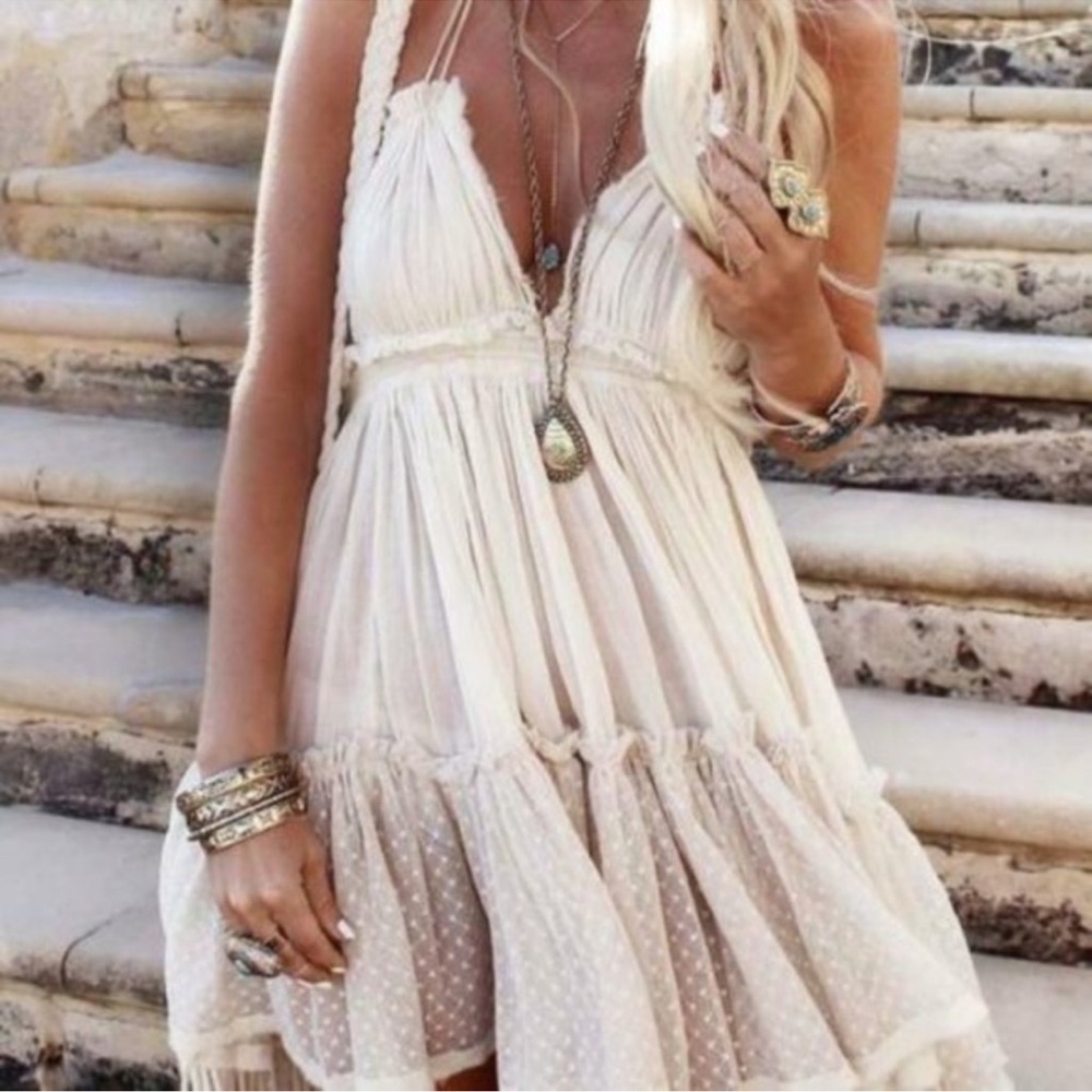 Boho Backless V Halter Swiss Dot Mini Dress Cream S M L